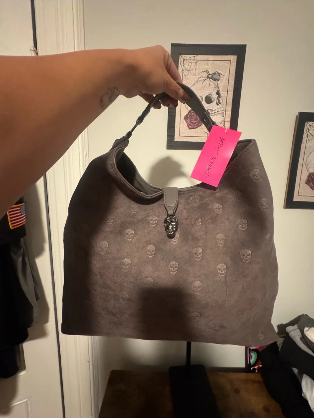Betsey Johnson Skull-Embossed Suede Hobo Bag in Gray Brand New